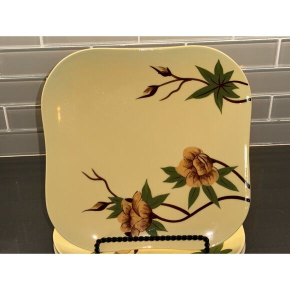 Vintage Set of 4 Weil Ware Rose Yellow Square Dinner Plate Set - Picture 2 of 7